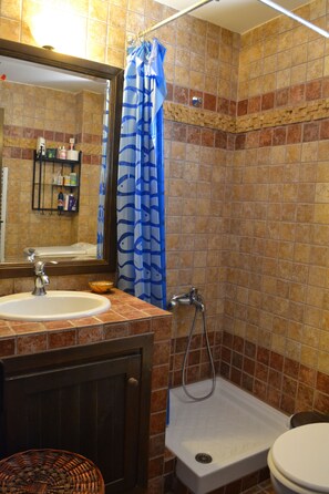 Shower, hair dryer, towels, shampoo