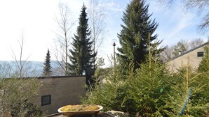 A rooftop garden with a wooden deck, surrounded by evergreen trees and a view of the mountains. - Amazing Holiday Home in Stavelot With Terrace (Stavelot)