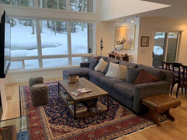 Älytelevisio, takka, DVD-soitin, kirjoja