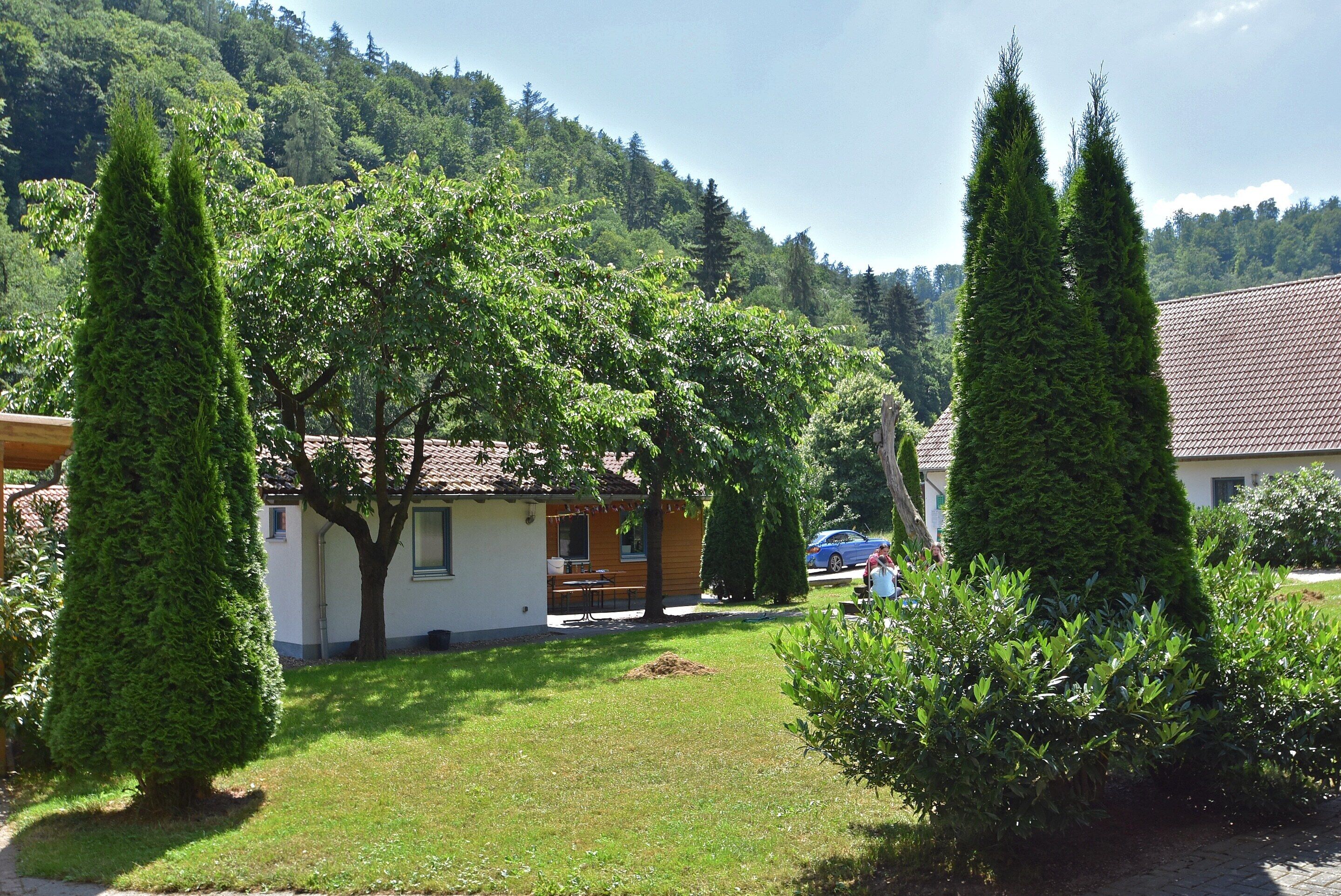 A residential area with a house, a lawn, and a mountain backdrop.