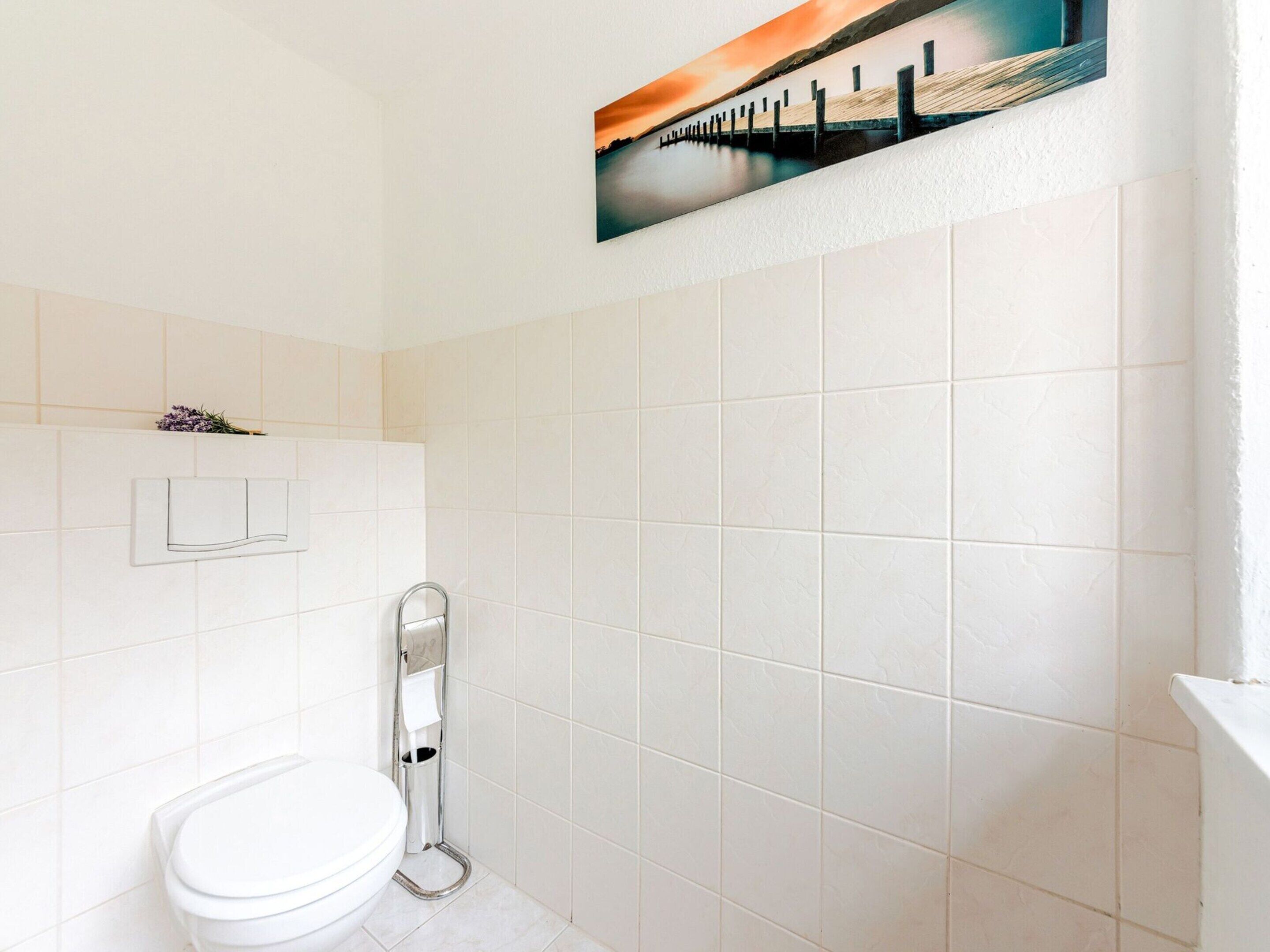 A bathroom with white tiles, a toilet, a towel rack, and a painting of a pier.