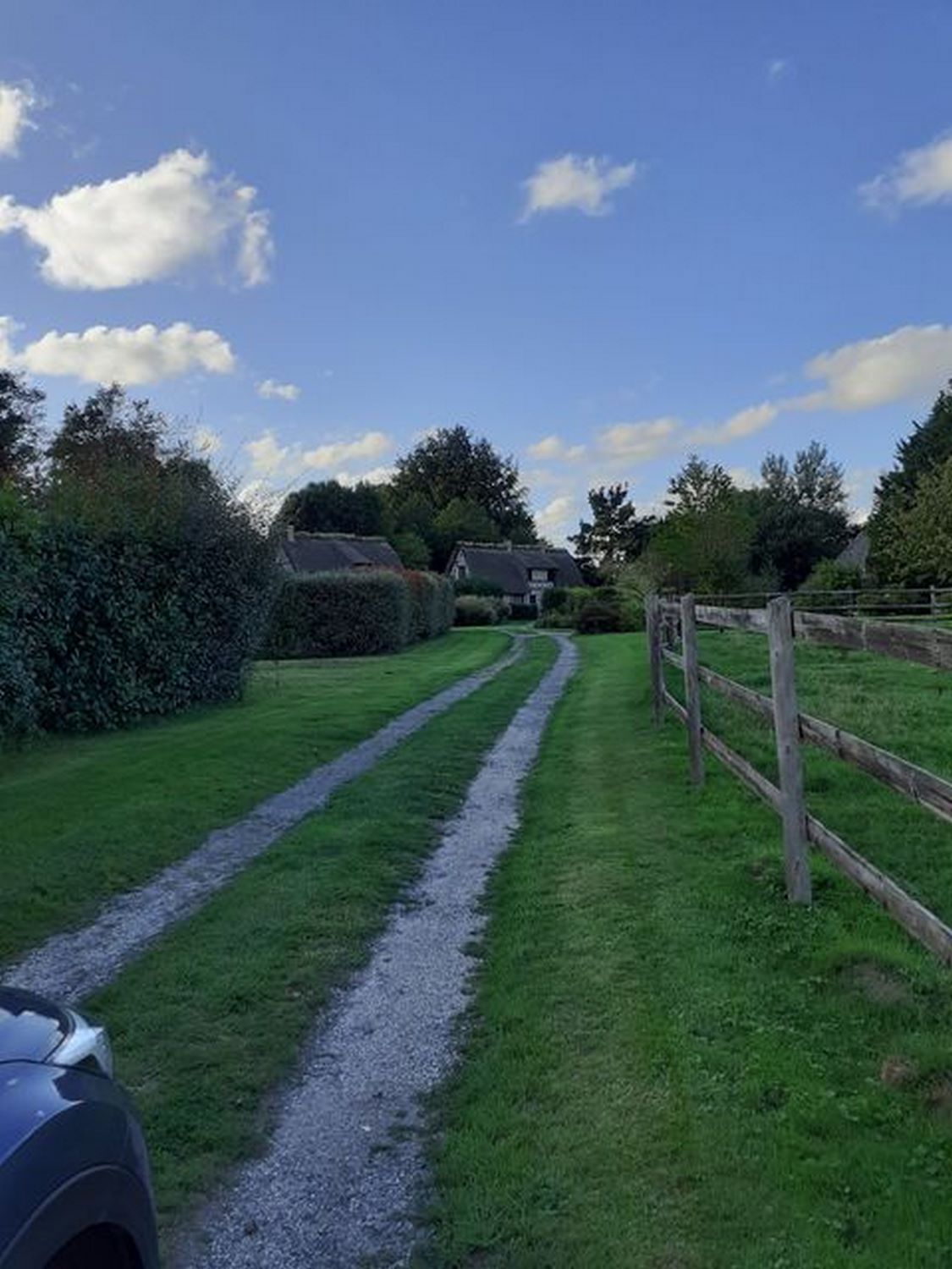 A rural pathway leading to a house with a gravel path and wooden fence.
