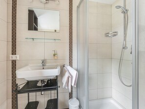 A modern bathroom with a glass shower enclosure, a white sink, and a mirror above it.