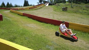 Una persona en un kart sobre una pendiente cubierta de césped, con una barandilla de seguridad roja y amarilla.