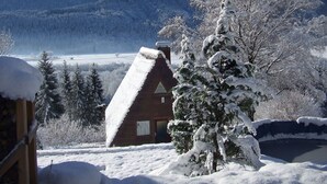 A wooden cabin with a sloped roof, surrounded by snow-covered trees and a mountainous backdrop.