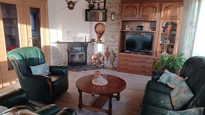 A cozy living room with leather sofas, a fireplace, a television, and a bookshelf. - A Villa Between the Town Centre and the Forest (Spa)