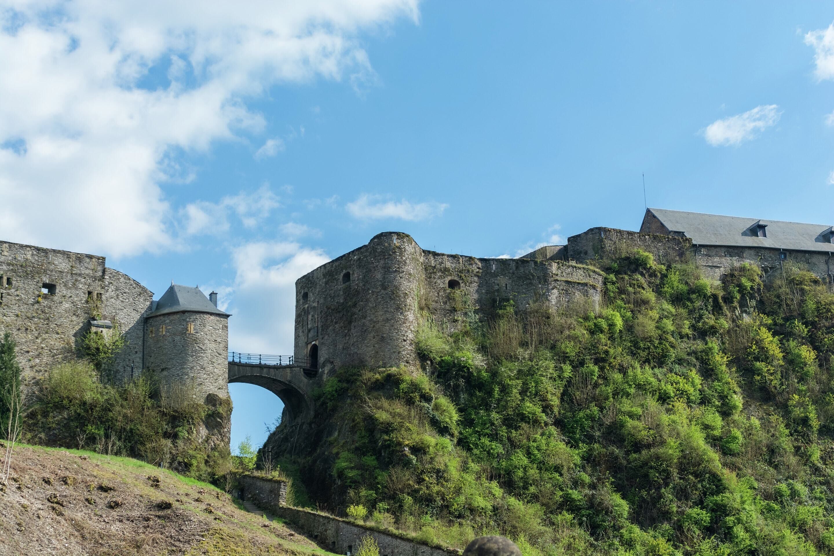 A historic stone castle with a bridge, surrounded by greenery.