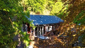 A cabin with a covered porch, surrounded by dense forest. - Cosy Chalet in Odeigne with Hot Tub (Manhay)