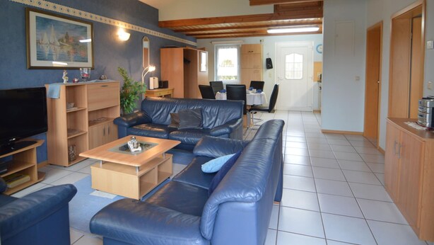 Un soggiorno con un divano blu, un tavolino, una TV, armadietti in legno e, sullo sfondo, una zona pranzo.