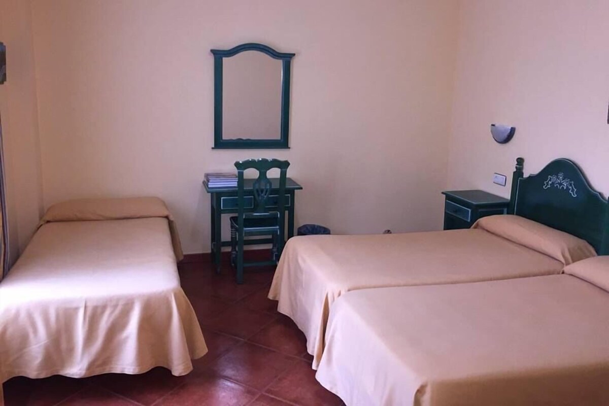 Une chambre avec deux lits simples, un petit bureau avec une chaise, un miroir au mur et une table de chevet.