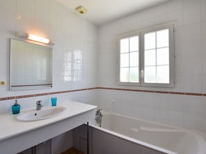 Villa | Bathroom | Bathtub, towels - Scenic Villa in Les Forges With Shared Swimming Pool (Vasles)