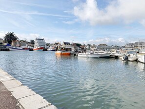 En småbåtshamn med förtöjda båtar, en strandpromenad och byggnader i bakgrunden.