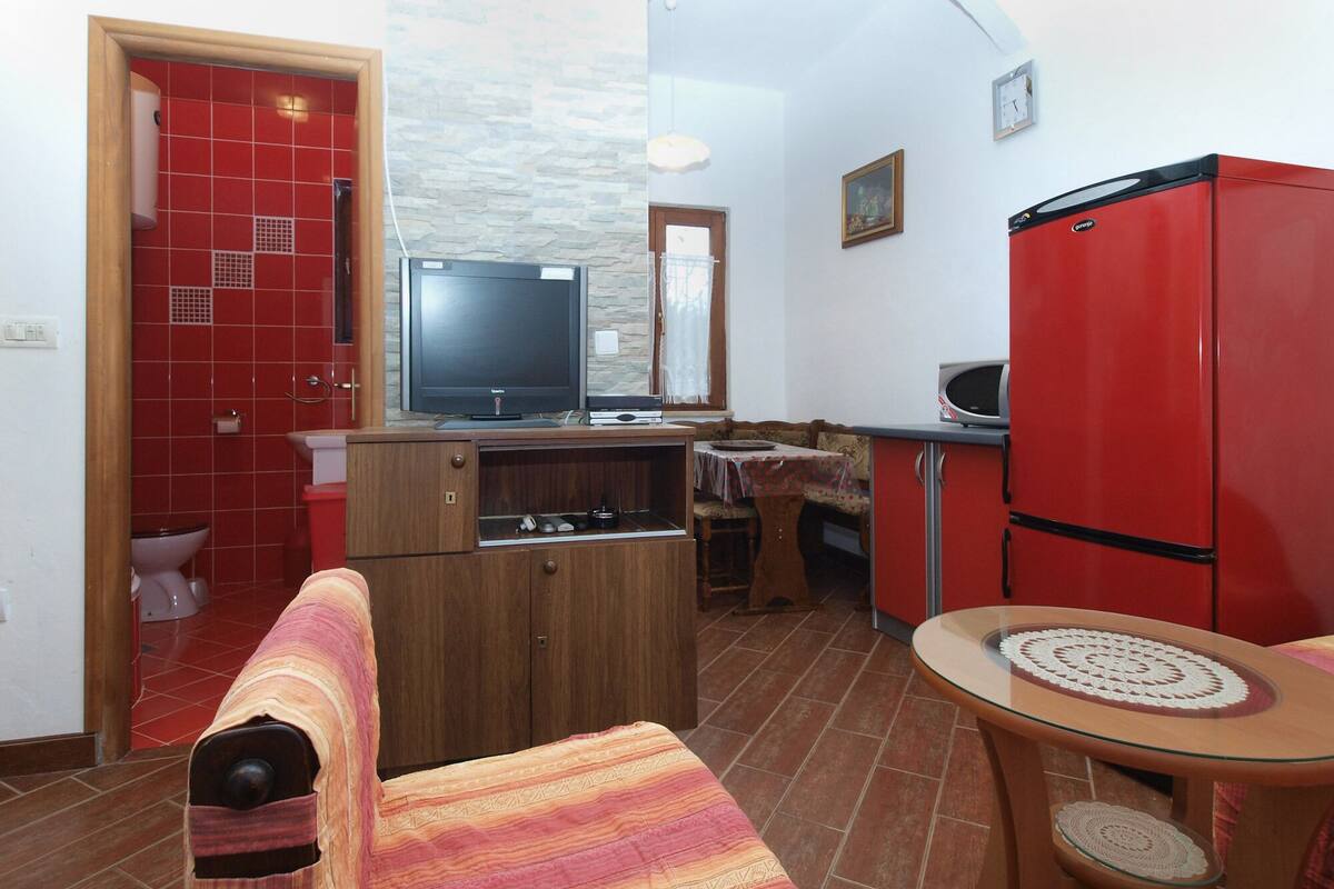 Um espaço compacto com cozinha compacta, televisão, micro-ondas, sofá e pequena mesa de jantar.