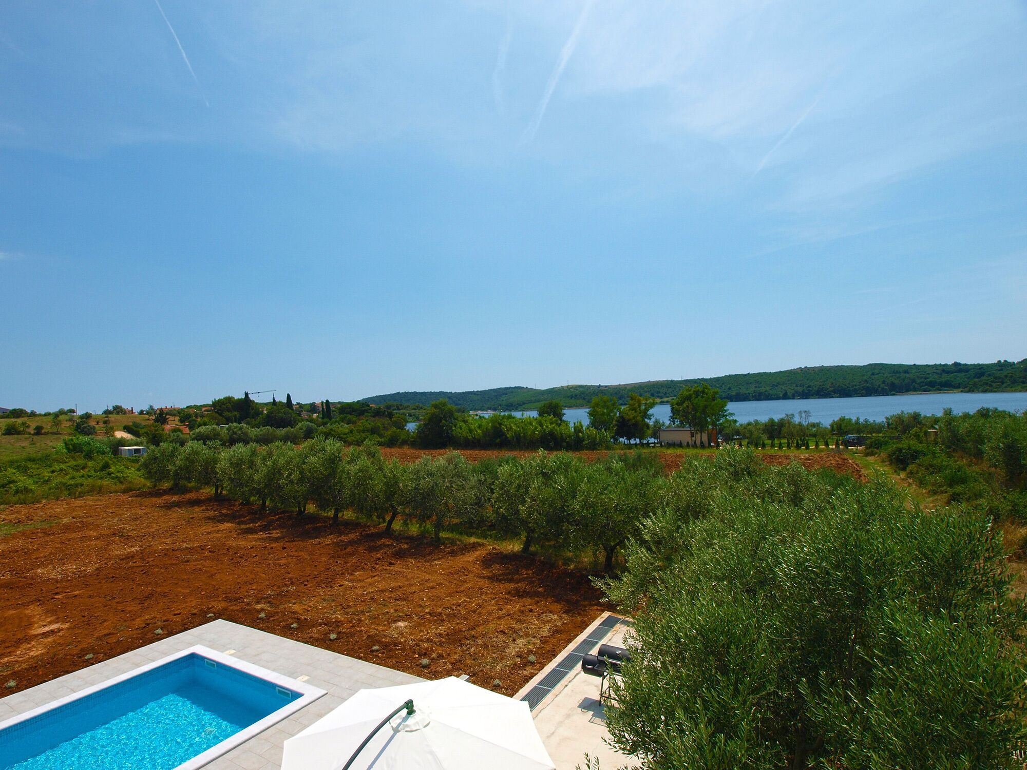 Piscina con vista a un lago y olivos.