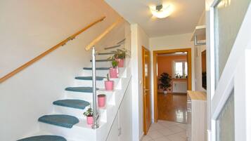 A staircase with blue steps and pink planters, leading to a room with a wooden door and a window.