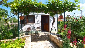 A small house with a stone patio, a wooden door, and a garden with various plants and flowers.