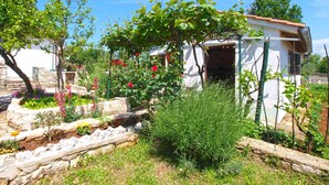 A garden with a white building, stone walls, and various plants including roses.