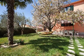 A garden with a hammock, a palm tree, and a building with a balcony. - Apartment 1893 (Fazana)