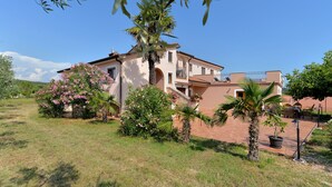 A two-story house with a garden, a palm tree, and a pink flowering bush. - Apartment 1917 (Rovinj)