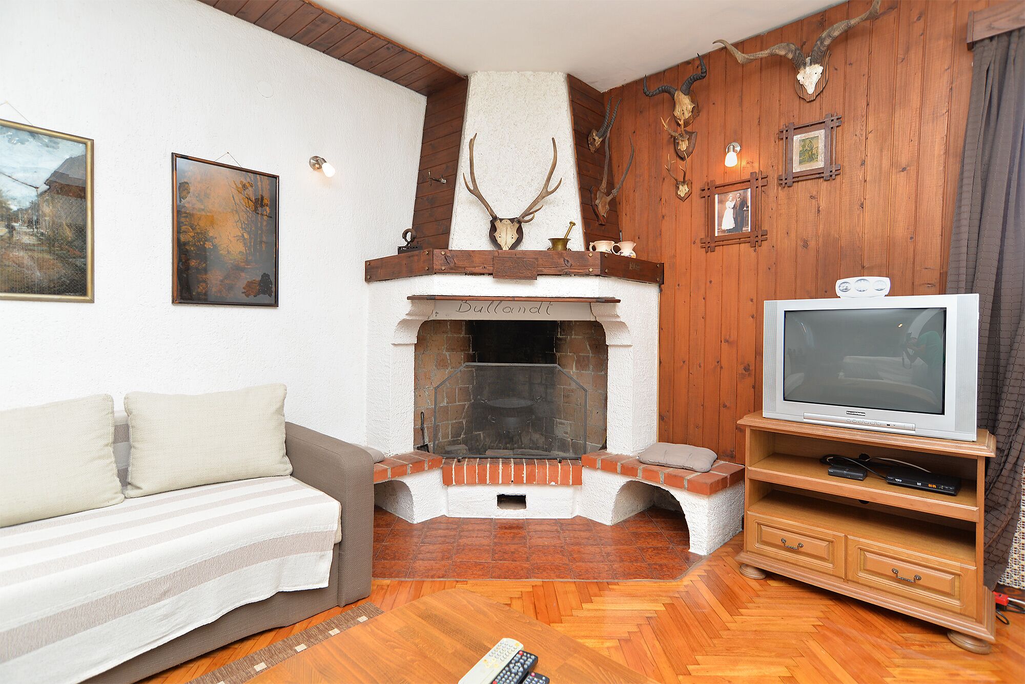 Een gezellige woonkamer met een open haard, houten wanden, een bank en een televisie.