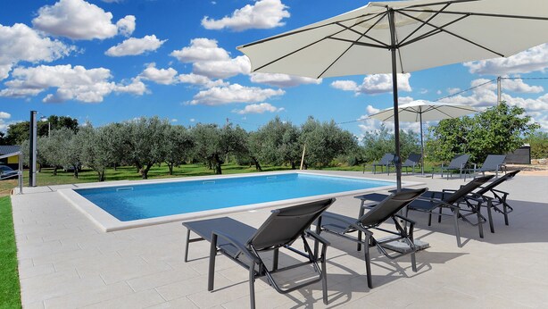 Une piscine entourée d’arbres, avec des chaises longues et des parasols, sous un ciel dégagé.
