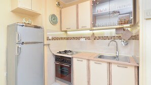 A compact kitchen with a refrigerator, stove, oven, and a small sink. - Apartment 1987 (Pula)