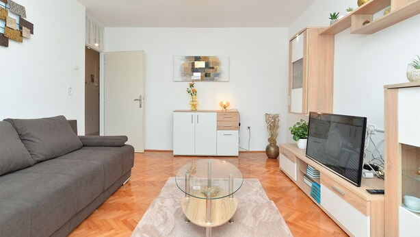 A modern living room with a grey sofa, a glass coffee table, a TV, and a wooden cabinet. - Apartment 1987 (Pula)