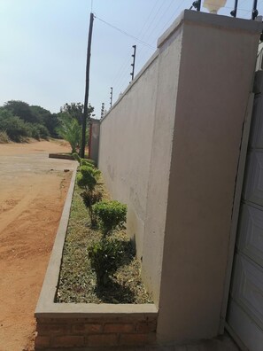 A concrete wall with a narrow planter box containing small plants. - 848 Guest House (Victoria Falls)