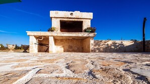 Un edificio de piedra con techo plano, una entrada pequeña y plantas en macetas sobre el techo.
