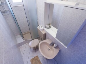 Moderni kylpyhuone, jossa on lasinen suihkuseinä, wc, pesuallas ja peilillä varustettu allaskomero.