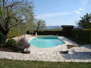 Una piscina con bordo in pietra, immersa nel verde e con vista sulle montagne lontane.
