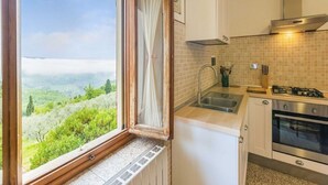 A kitchen with a view of a green landscape through a window. - Agriturismo Poggio di Montepescoli - L'aia (Pelago)
