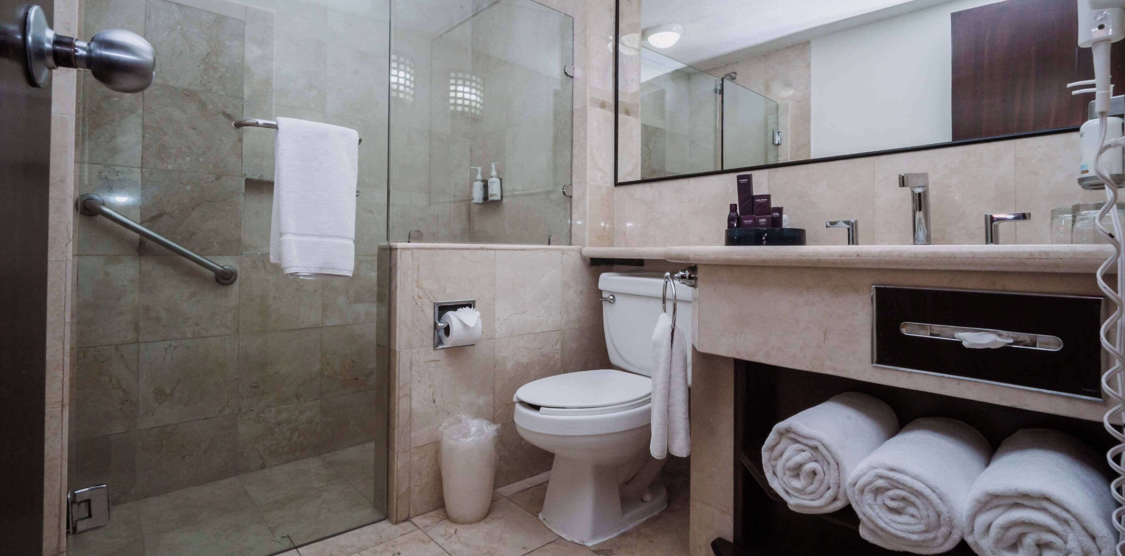 free toiletries, hair dryer, bathrobes, towels