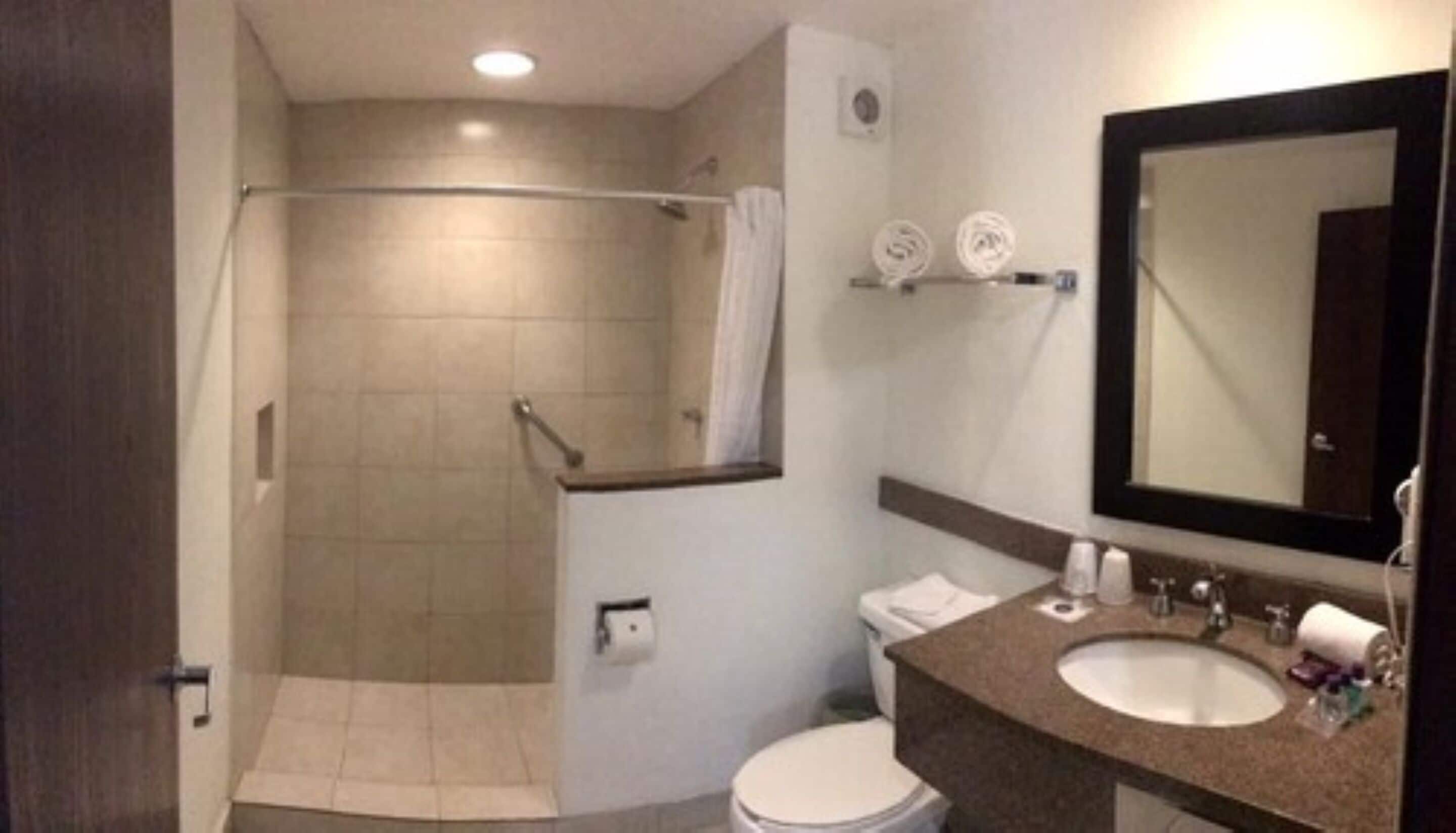 shower, rainfall showerhead, hair dryer, towels