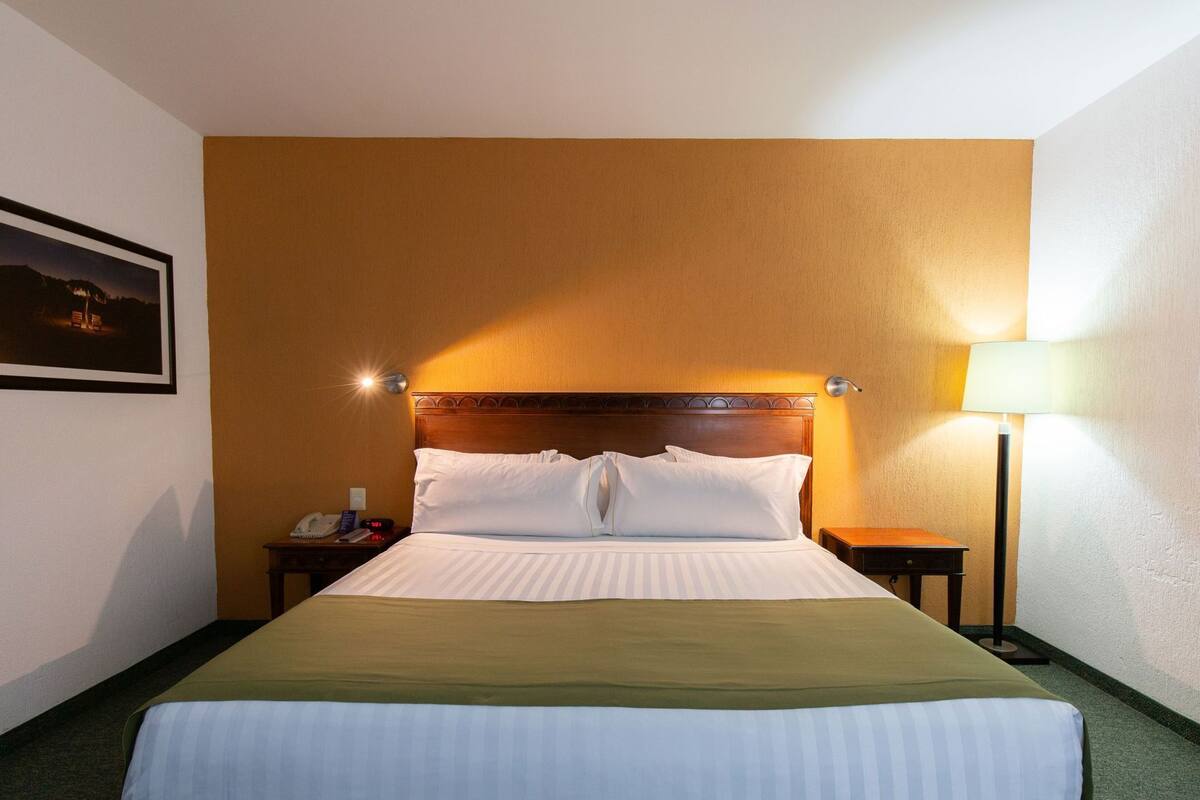 Habitación de hotel con cama, mesitas de noche, una lámpara y un cuadro en la pared.