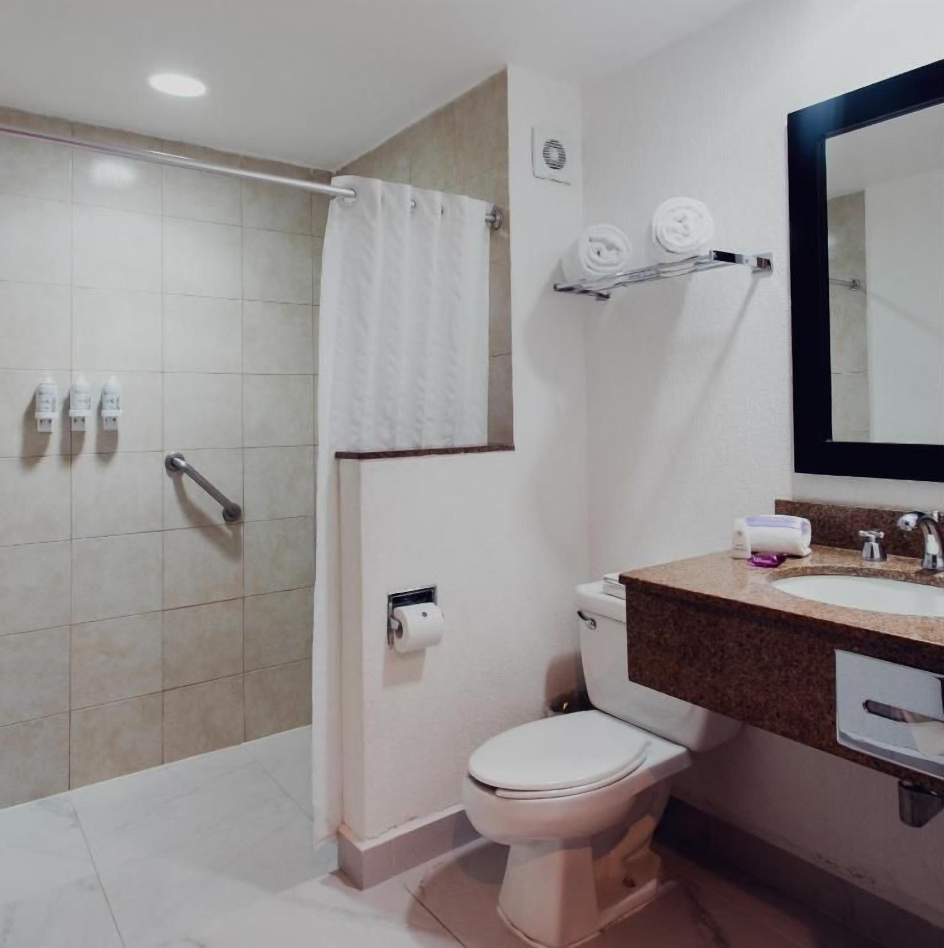 A bathroom with a shower, toilet, and sink.
