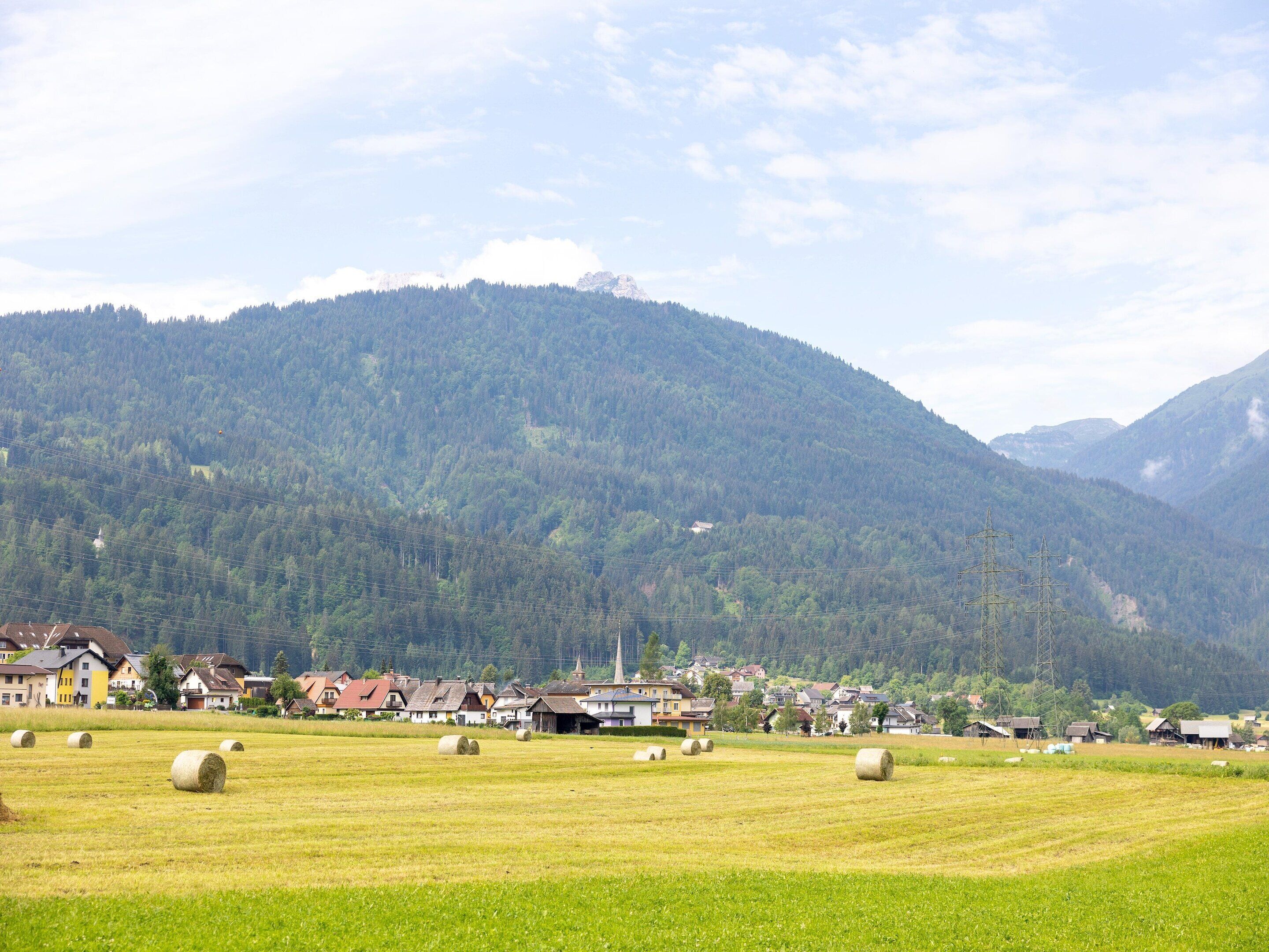 A rural landscape with houses, hay bales, and a mountain backdrop.
