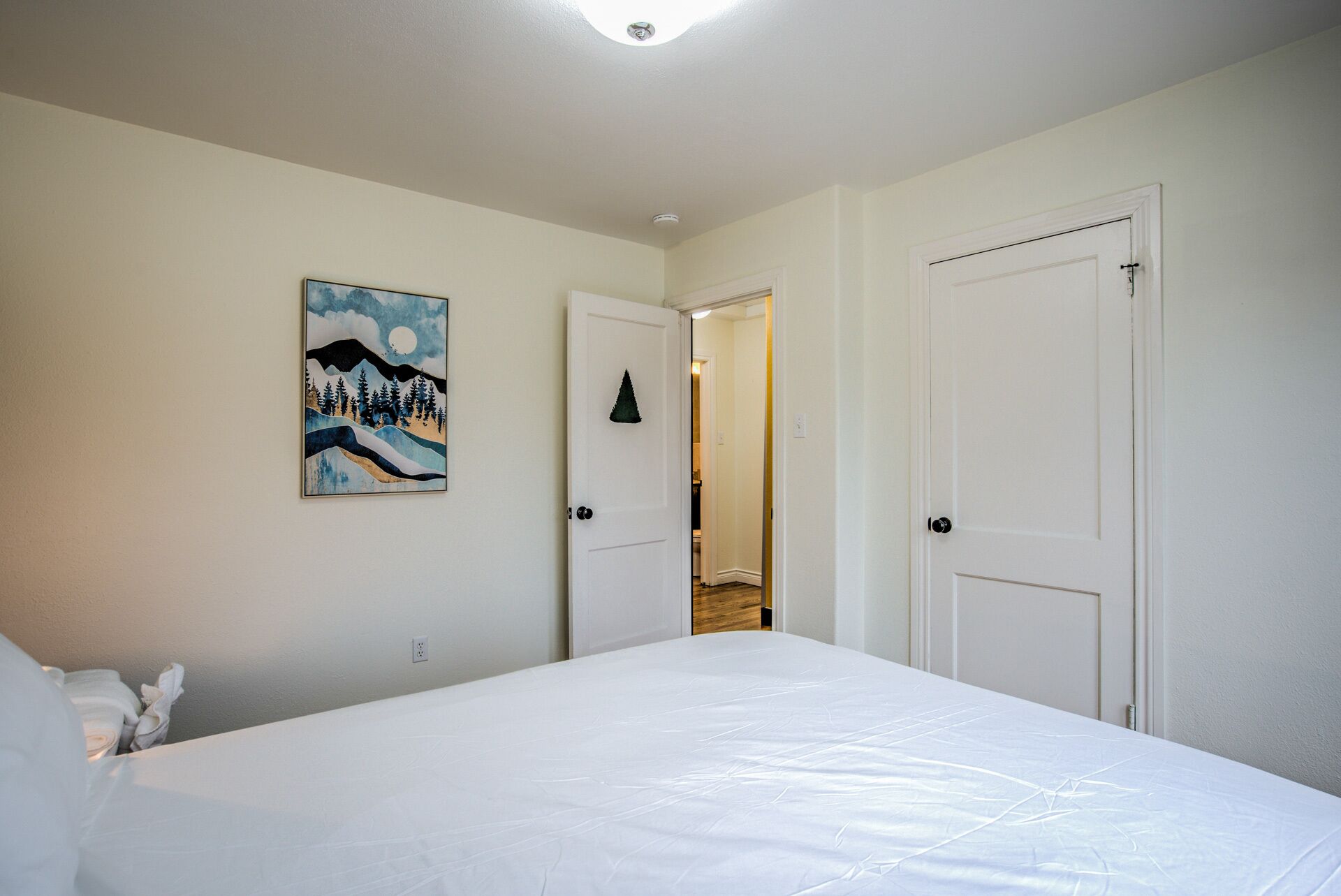 Une chambre à coucher avec un lit, une porte et un tableau accroché au mur.