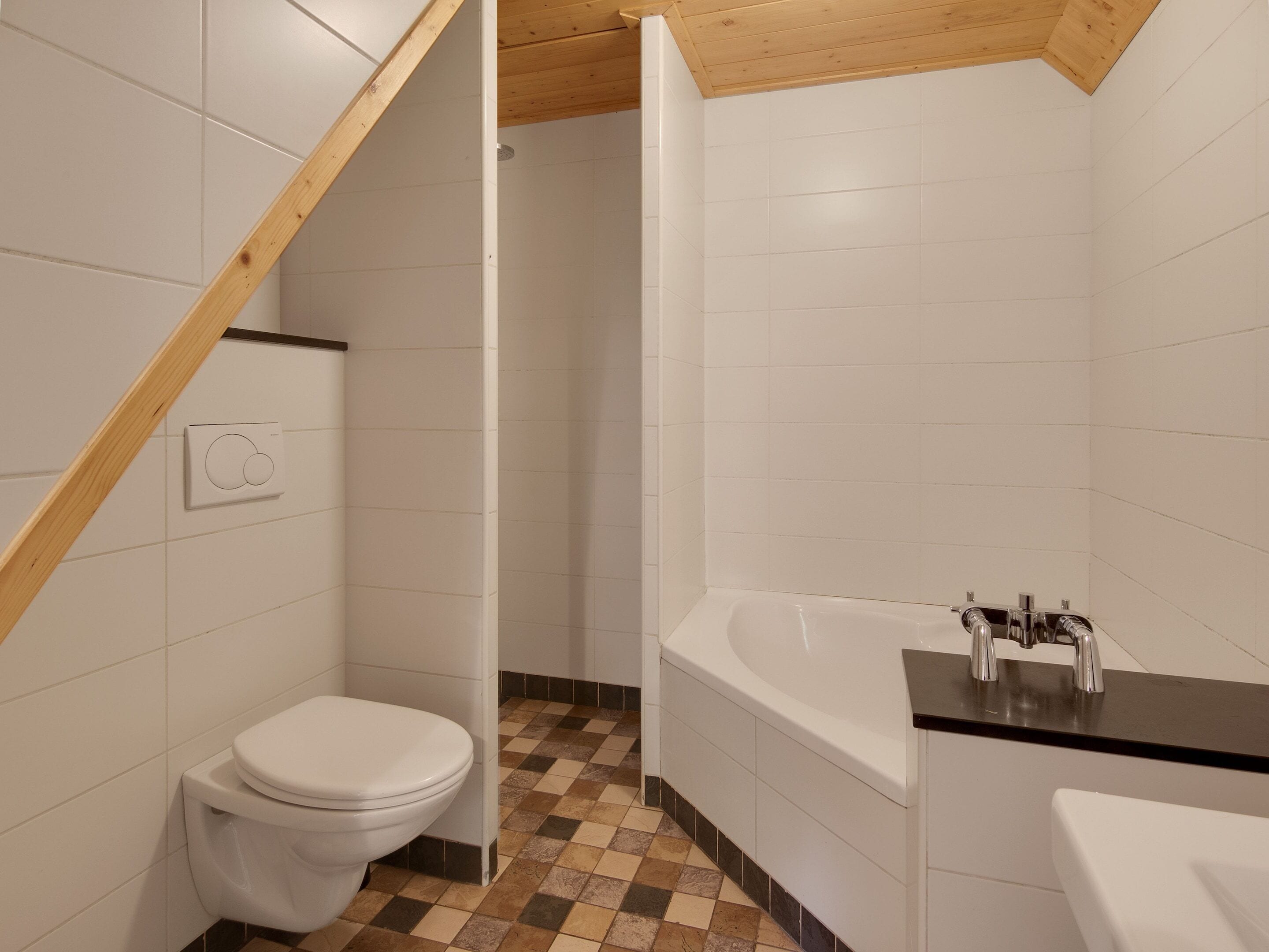 Een badkamer met toilet, bad en douche.