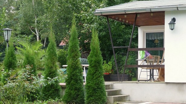 Uma casa com varanda coberta, um jardim com diversas plantas e uma cadeira do lado de fora.