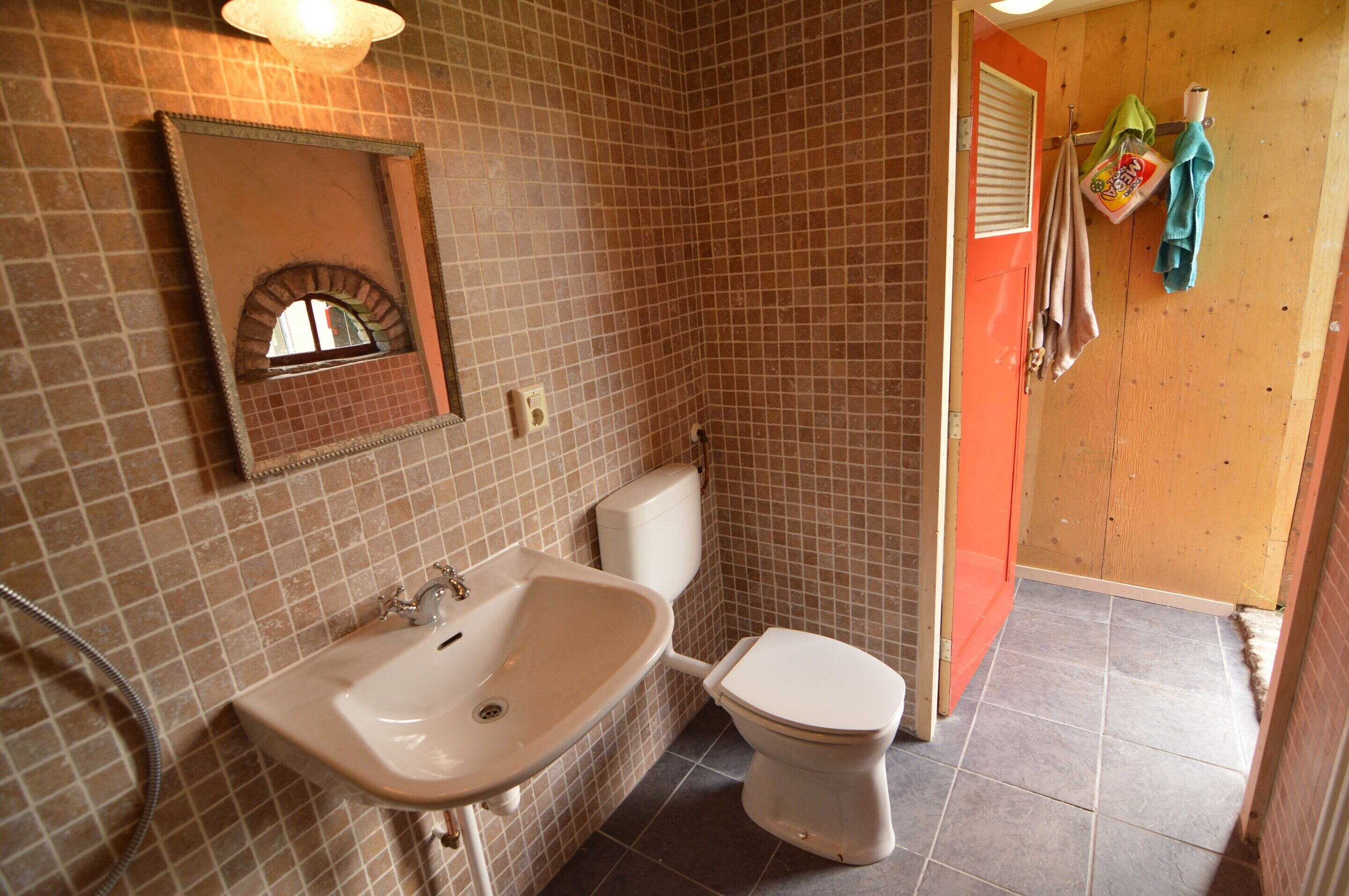A bathroom with a sink, toilet, and mirror.