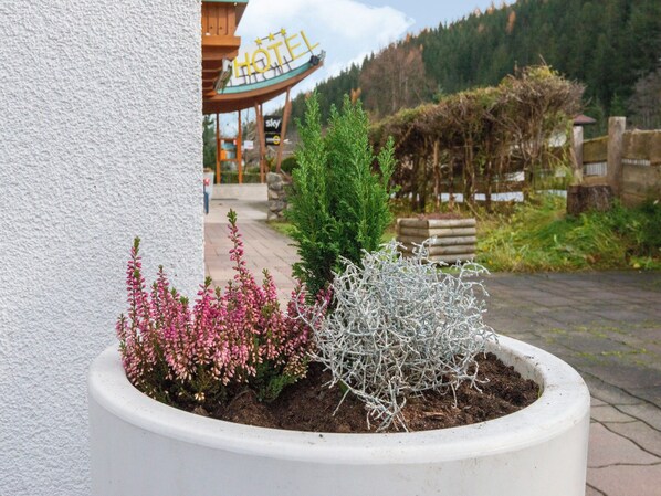 A potted plant with pink flowers and a coniferous tree, a white wall, and a hotel sign in the background. - Apartment in Wald Near Zillertal Ski Slopes (Wald im Pinzgau)