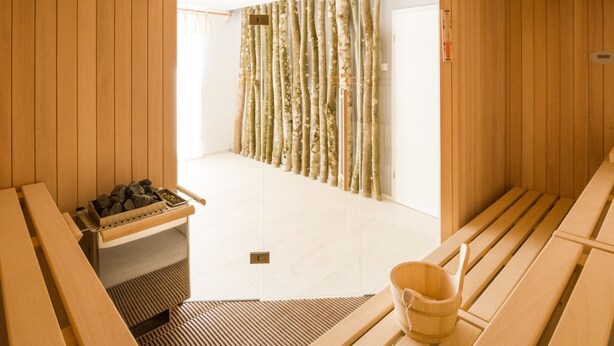A sauna room with wooden benches, a wooden bench with a bucket, and a sauna bench with a tray of stones.
