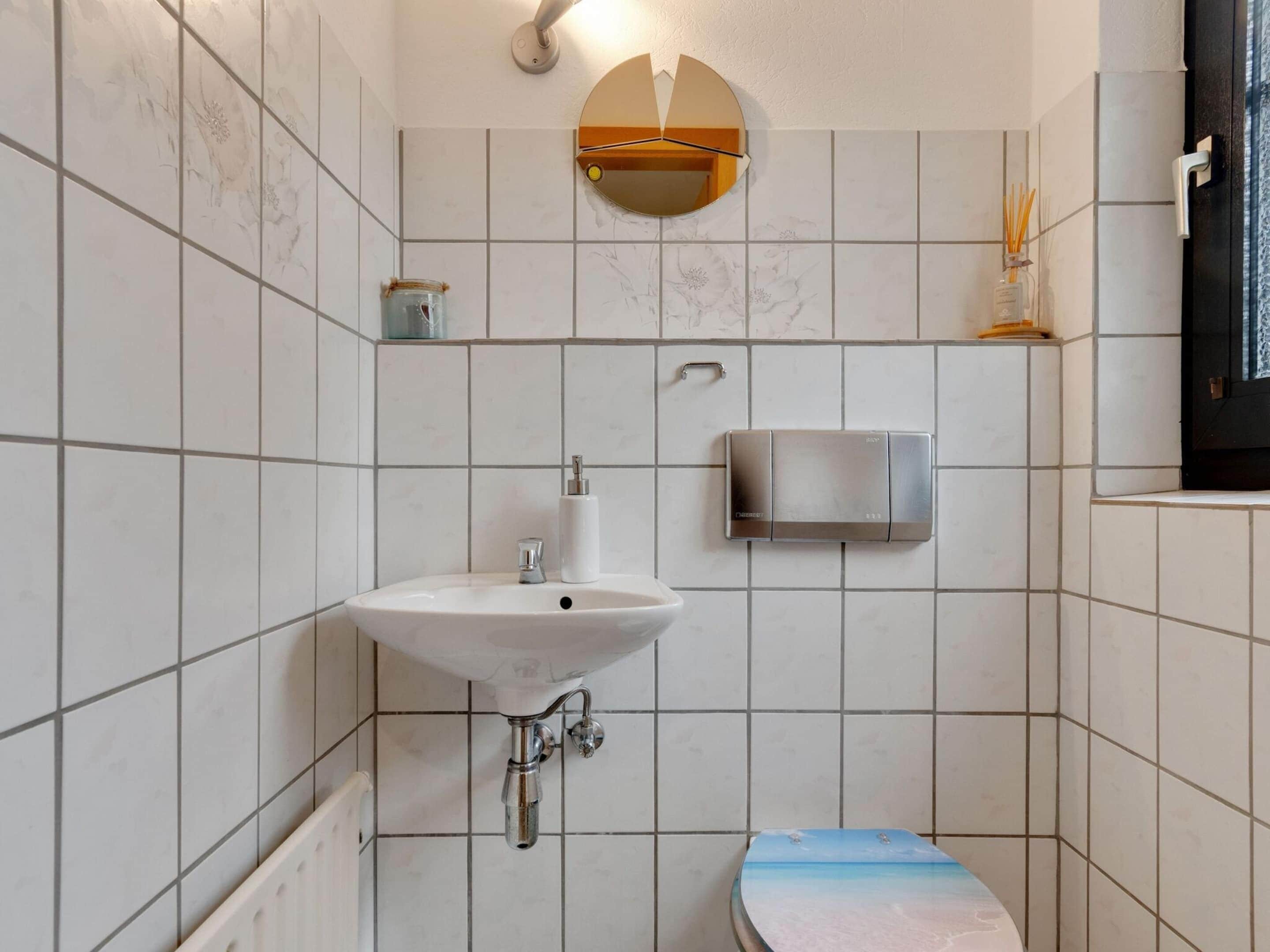 Une salle de bain avec un lavabo blanc, des toilettes avec un abattant bleu et un miroir au-dessus du lavabo.