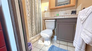 Bathtub, hair dryer, towels