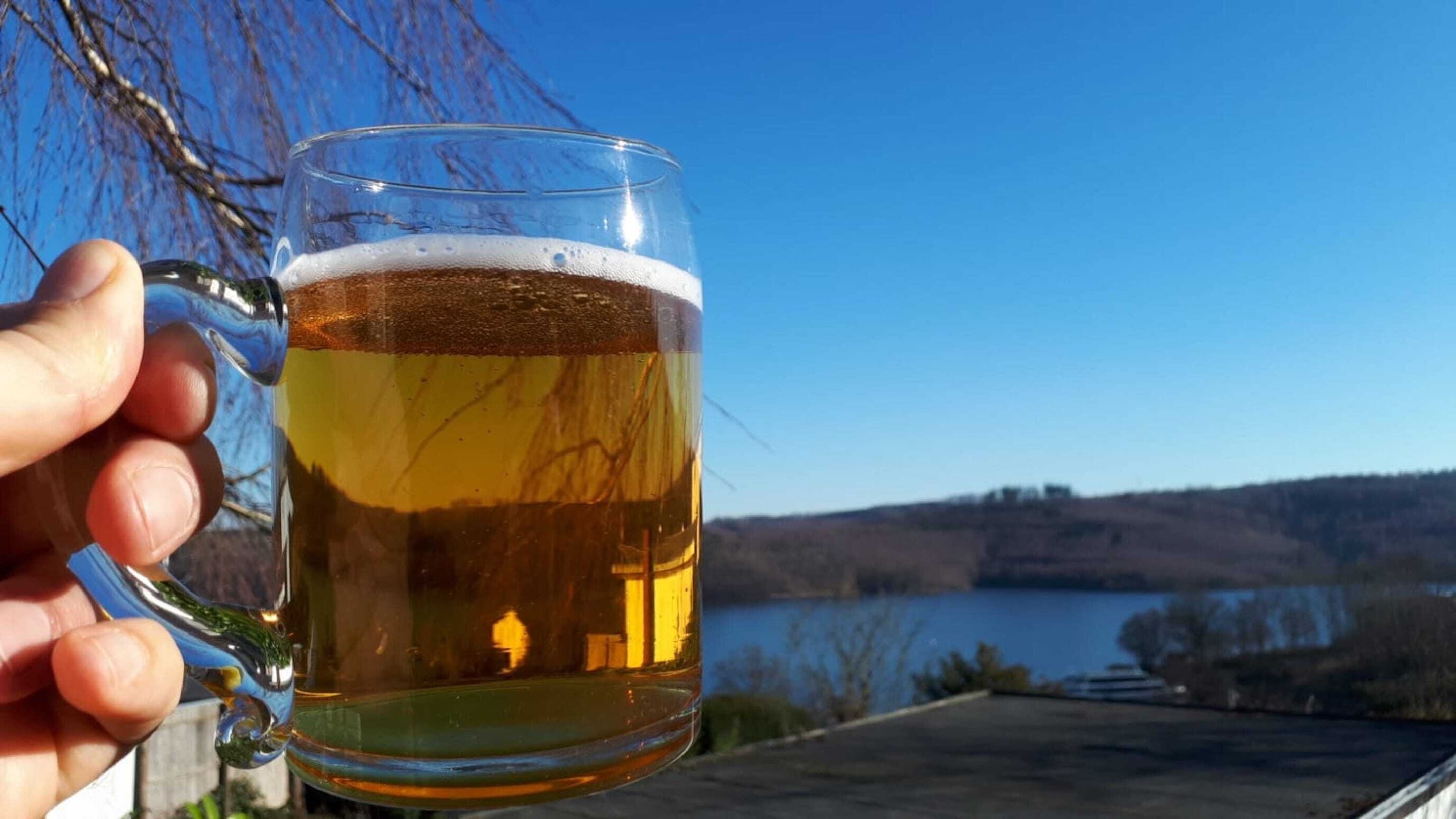 Une main tenant une tasse en verre transparent remplie d’un liquide doré, vraisemblablement de la bière, sur fond de ciel bleu clair et de lac.
