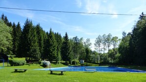 A swimming pool surrounded by a grassy area with trees and a picnic table. - Cozy Ski Base With Garden (Breitenbrunn/Erzgeb.)