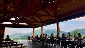 A rustic wooden interior with a chandelier, large windows, and a view of green hills. - SMITH TREEHOUSE LAKE LURE: CLOSE TO ASHEVILLE AND TYRON WITH KILLER VIEWS (Mill Spring)