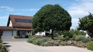 Une maison à deux étages avec un toit en pente et un grand arbre dans le jardin.