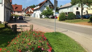 A residential street with houses, a clear sky, and a flower bed.